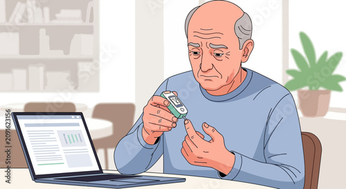Elderly Man Checking Blood Sugar with Glucose Meter
