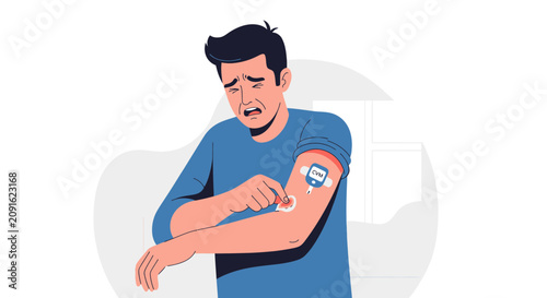 Man with diabetes checking blood sugar with glucose meter on his arm