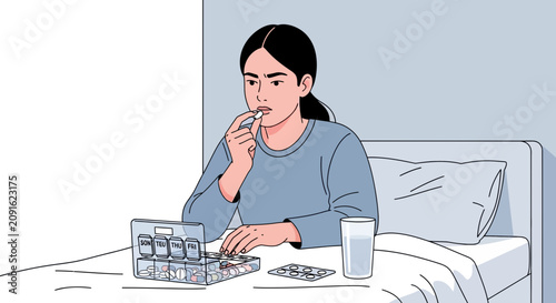 Woman taking medication in bed with pill organizer and water