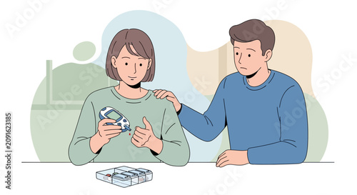 Couple supporting diabetes patient with blood sugar test and glucose meter health care