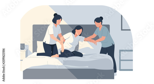 Caregiver assisting woman sitting on bed, medical support, nursing assistance