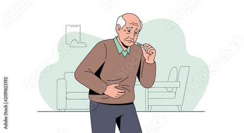 Elderly man feeling unwell, holding thermometer and touching stomach pain