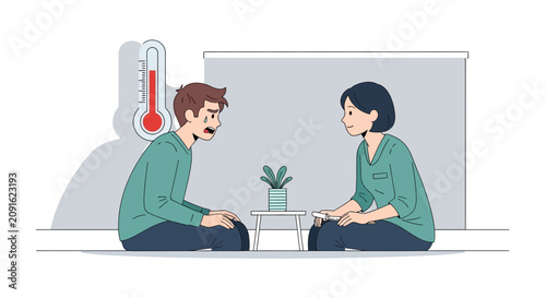 Couple feeling uncomfortable due to high temperature, thermometer