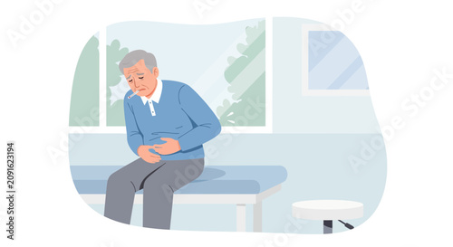 Elderly Man Suffering Abdominal Pain in Doctor's Office