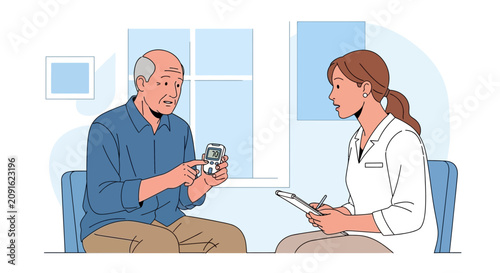 Elderly man with doctor discussing medication or medical device