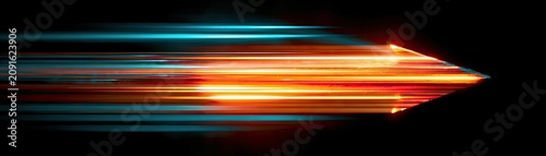 A bright orange arrow streaks across a black background with teal light trails