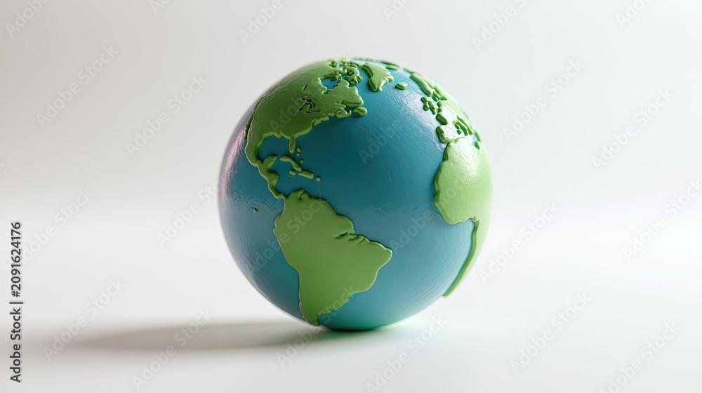Fototapeta premium A small, stylized globe model with continents raised in green against a blue ocean