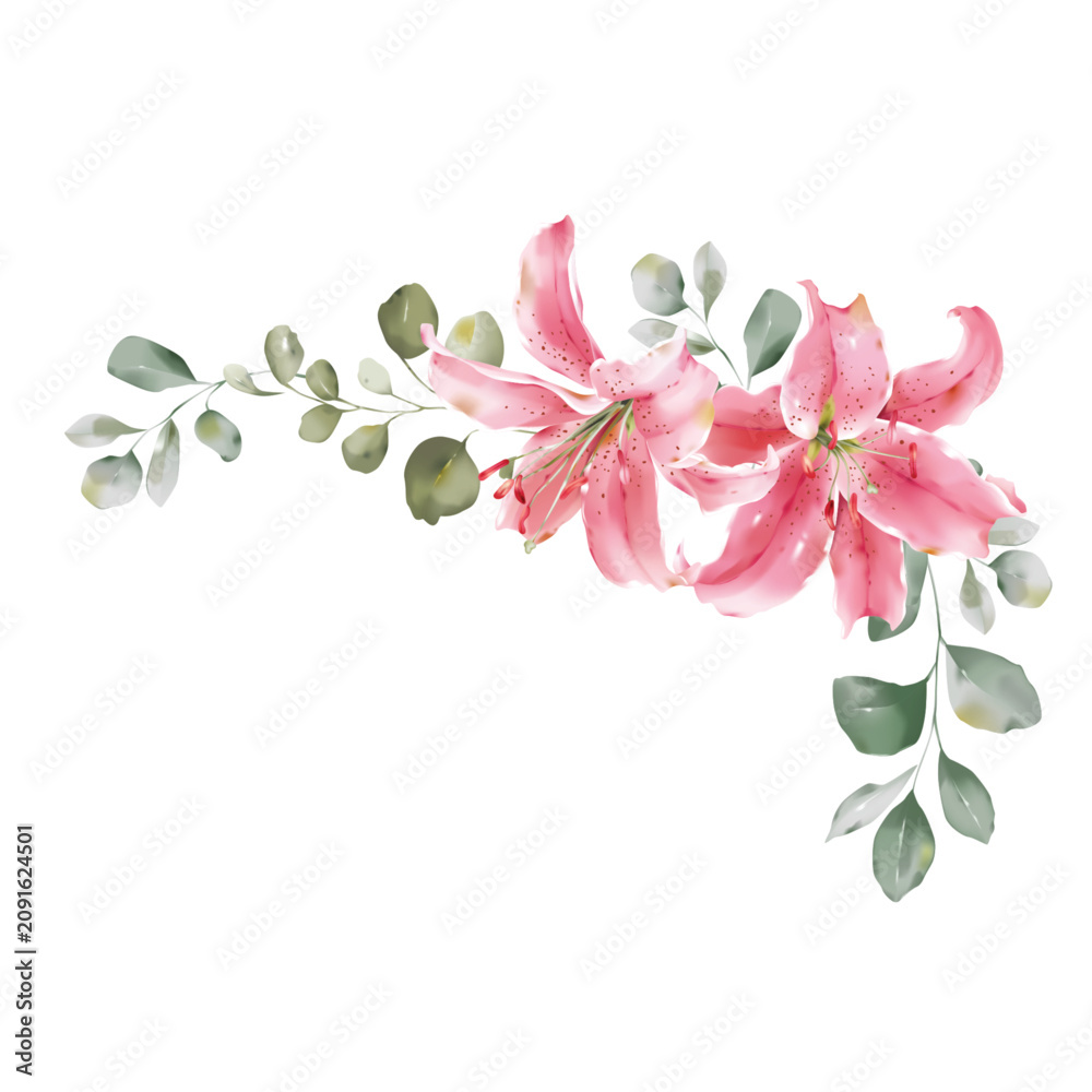 Naklejka premium Minimalist watercolor illustration of pink Lilium Sorbonne framed by green eucalyptus branches