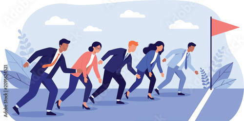 Business people at starting line ready to run race concept of rivalry career flat vector illustration