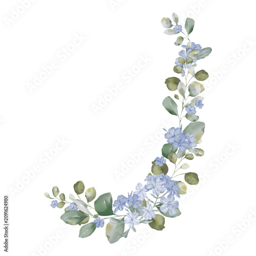 Minimalist watercolor arch wreath of blue Cape leadwort flowers and eucalyptu...