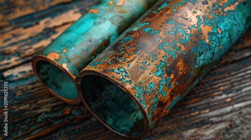 Aged copper pipe patina close up