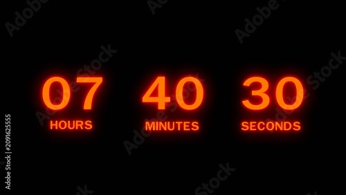 Quadro su tela Neon orange digital countdown clock reading seven hours forty minutes thirty seconds total