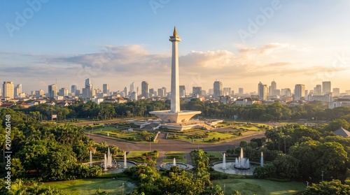Monas National Monument in Jakarta, Indonesia, at Sunrise with City Skyline