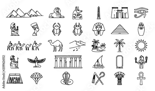 Photos Set of Ancient Egypt, culture, and civilization line art icons.