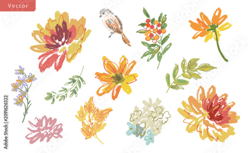 Hand-painted doodle style autumn botanical vector clipart set featuring dahlias, autumn leaves, berries, and birds for stationery, greeting cards, and surface design.