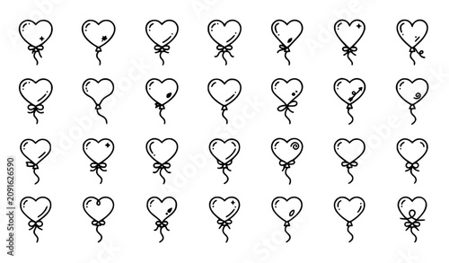 Tableau sur toile Set of heart-shaped balloon line art icons.