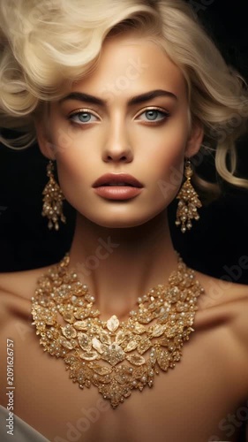 Fashion studio portrait of young lady with earring on black background. Elegant woman with blond hair in luxury creative golden diamant jewels. Beautiful woman with evening make-up and perfect skin.