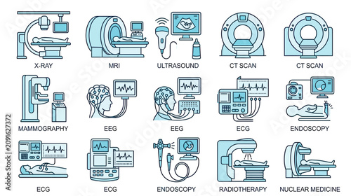 Bild auf Leinwand Medical Diagnostic Equipment Icons: X-Ray, MRI, Ultrasound, CT, Mammography, EEG