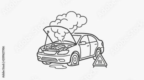 Obraz na płótnie Clean Black and White Line Drawing of Broken Down Car with Hood Open and Warning