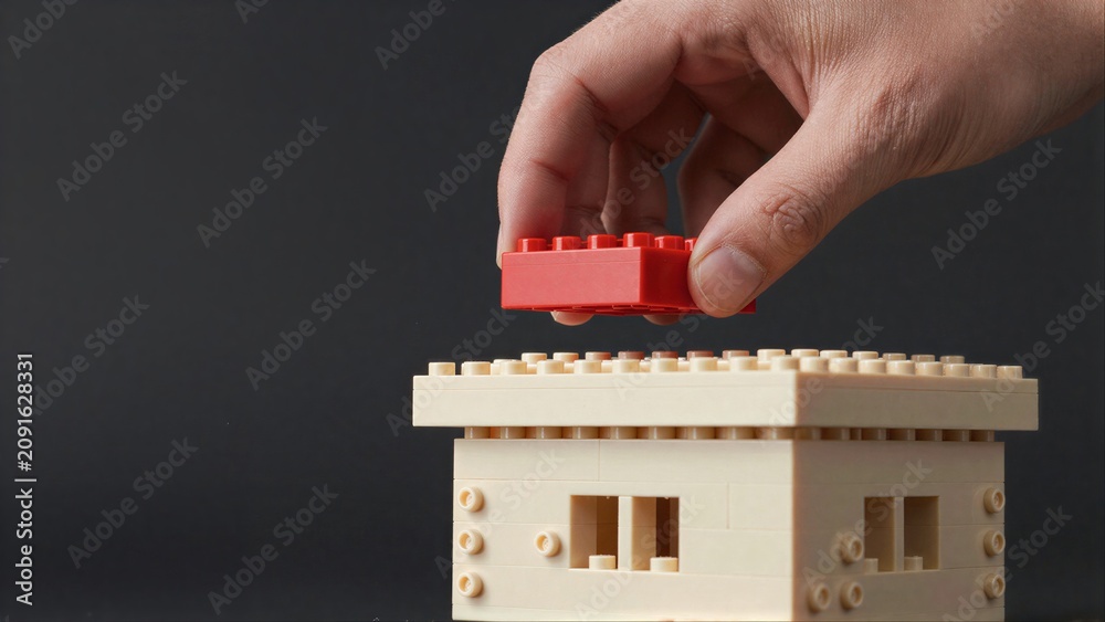 Fototapeta premium Hand places red LEGO brick atop beige structure, symbolizing growth or construction.