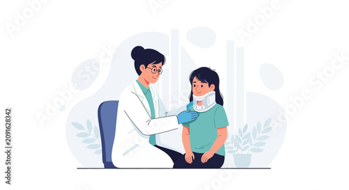 Doctor examining a child wearing a neck brace for injury recovery and medical care