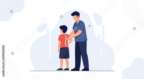 Doctor examining child's spine for scoliosis or posture issues, healthcare concept illustration