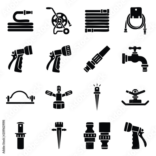 Fotografie Garden watering equipment and irrigation system icons with watering irrigation s