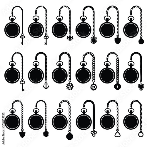 Foto Vintage pocket watches with diverse decorative chains silhouette timepiece acces