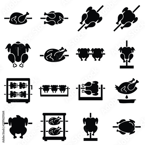 Tableau sur toile Set of rotisserie chicken and grilled poultry icons with rotisserie culinary bar