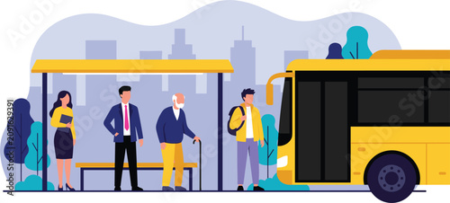 People waiting for school bus at terminal station with city skyline background flat vector concept illustration