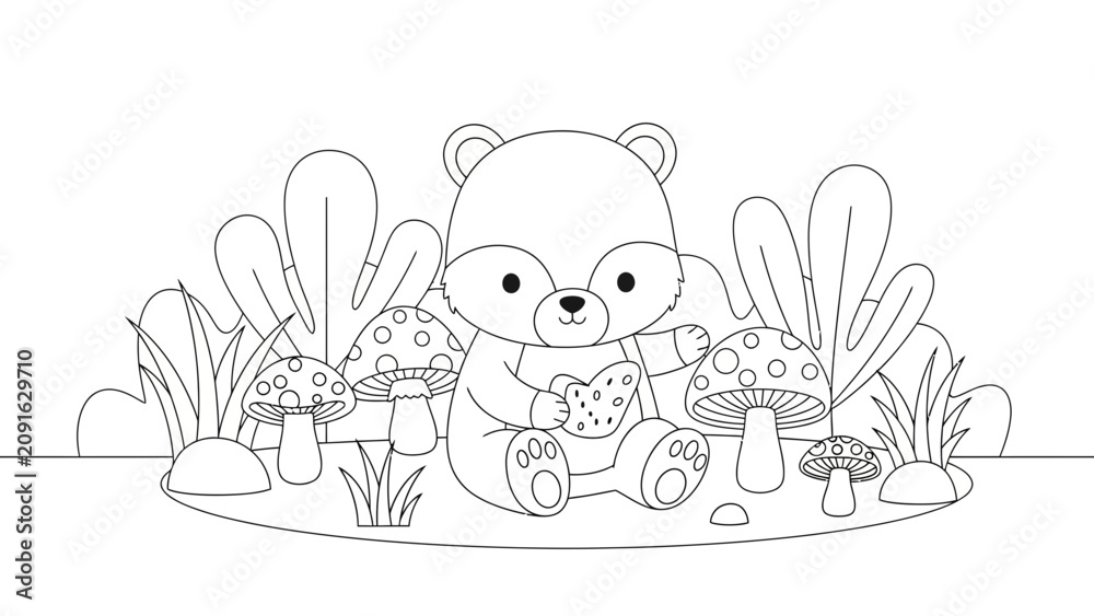 Fototapeta premium Cute Bear Coloring Page Eating Cookie Surrounded by Mushrooms and Leaves