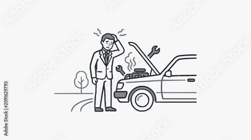 Obraz na płótnie Clean Black and White Line Drawing of Frustrated Man with Broken Down Car on Roa