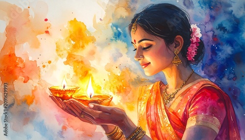 A woman in traditional attire, adorned with flowers and jewelry, holds two lit oil lamps, bathed in warm light
