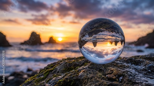 Crystal ball reflecting a vibrant sunset over the ocean with dramatic rock formations at a scenic beach.