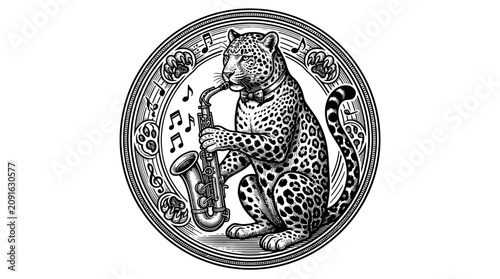 Fotografía Black and white leopard sitting down.