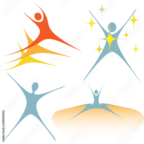 Abstract active human figures jumping and celebrating success, health, and fitness concepts.