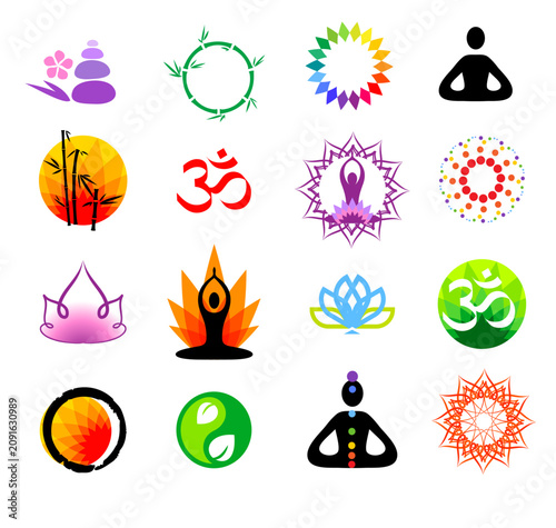 Collection of yoga, meditation, zen, and holistic wellness icons, symbols, and logos.