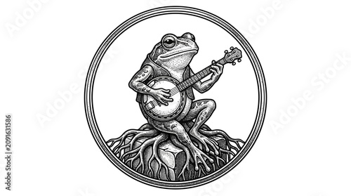 Schilderij op canvas Frog playing a musical instrument outdoors.