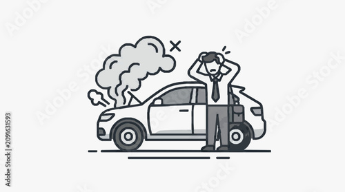 Obraz na płótnie Clean Black and White of Frustrated Driver with Broken Down Car and Smoke Emissi