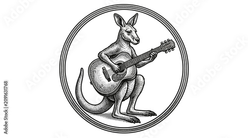 Quadro su tela Kangaroo Playing Guitar in Circle.