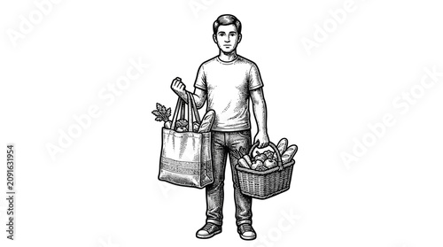 Konstfotografi Man holding grocery bag and basket.