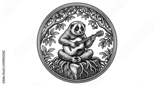Photography Monkey playing a musical instrument sitting.