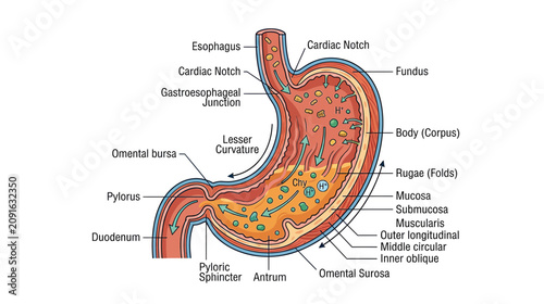 Foto Anatomical illustration of the human stomach with labeled parts and digestive process