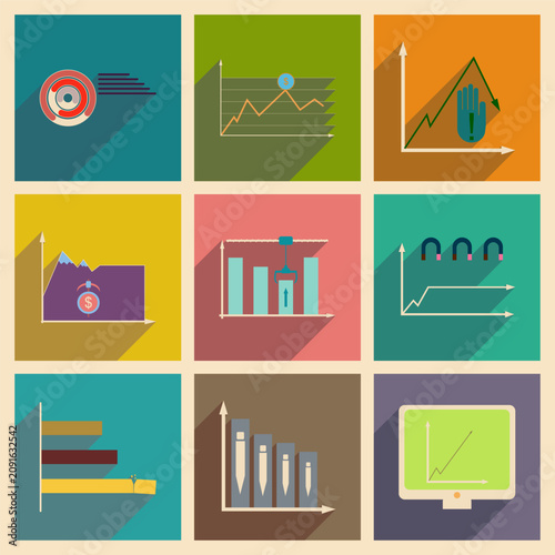 Flat design business financial charts, graphs, and data analytics icons with long shadows.