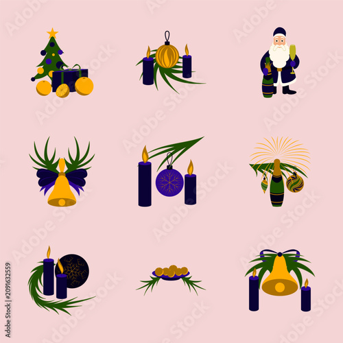 Set of flat Christmas and New Year holiday celebration icons with tree, Santa, and bells.