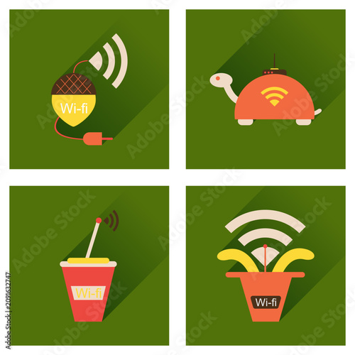 Creative flat design wi-fi connection concept icons with long shadows on green background.
