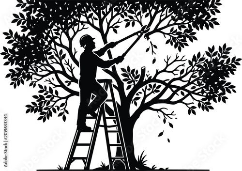 Arborist Tree Trimming Silhouette Vector Illustration with Landscaping Worker Standing on Stepladder and Pruning High Branches with Long Pole Shears
