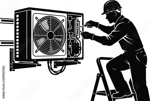 Air Conditioner Maintenance Technician Silhouette Vector Illustration with HVAC Installer Worker Repairing Outdoor AC Compressor Unit on Stepladder
