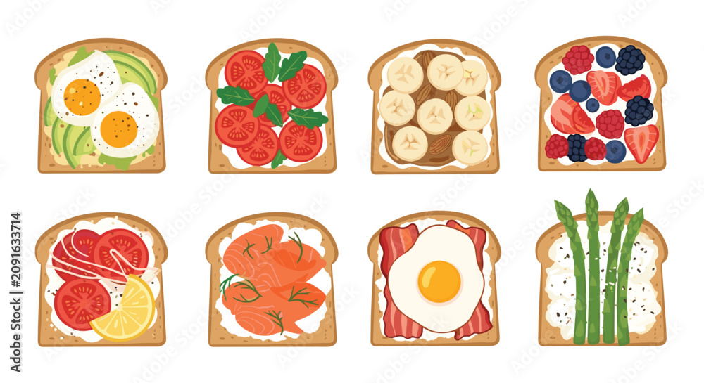 Fototapeta premium Set of healthy breakfast toast varieties with different toppings like eggs, avocado, fresh tomatoes, salmon, fruit, bacon, and asparagus.