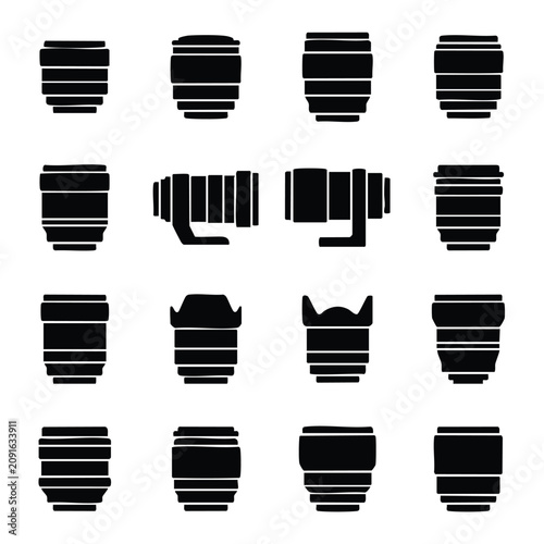 Fotografie Set of camera lens silhouette icons with photography equipment professional acce